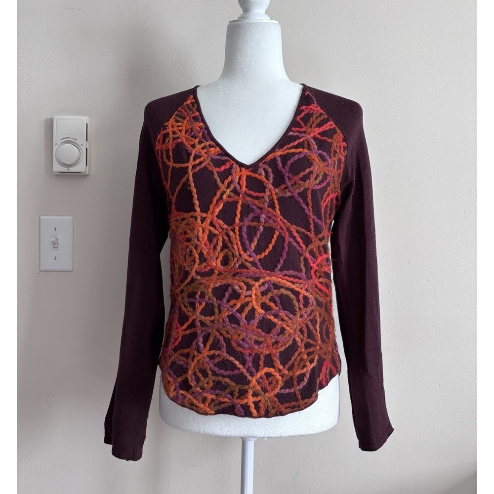 Anthropologie Aldomartins Sweater V Neck Purple Orange Textured Boho Medium